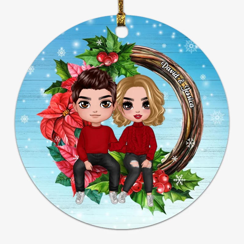 Couple Sitting On Christmas Wreath Personalized Circle Ornament - Image 4