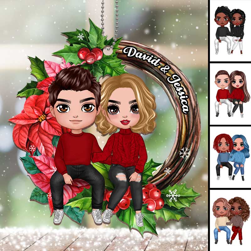 Couple Sitting On Christmas Wreath Personalized Wooden Ornament - Image 2