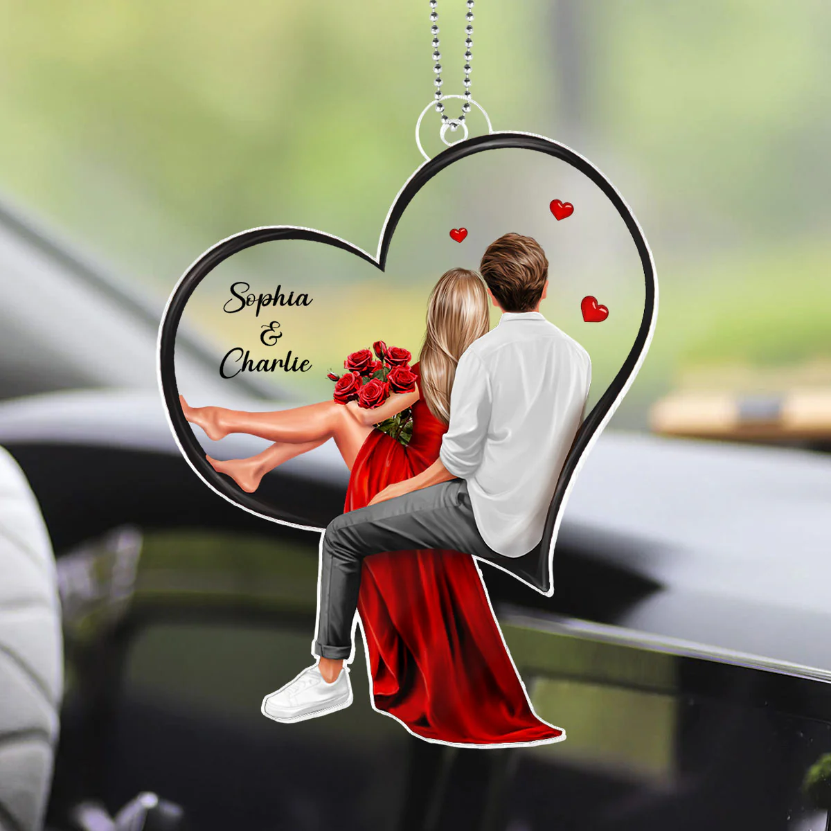 Couple Sitting On Heart Personalized Acrylic Car Hanger, Gift, Anniversary Gift for Couples - Image 4