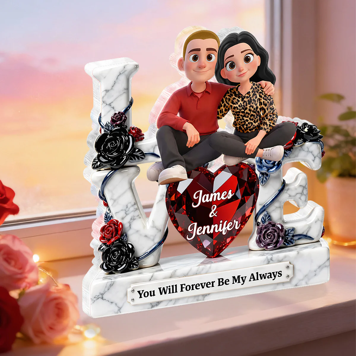 Couple Sitting on Love Marble Pattern - Personalized Acrylic Block Plaque - Heartfelt Valentine's Day Gift for Her, for Him - Image 2