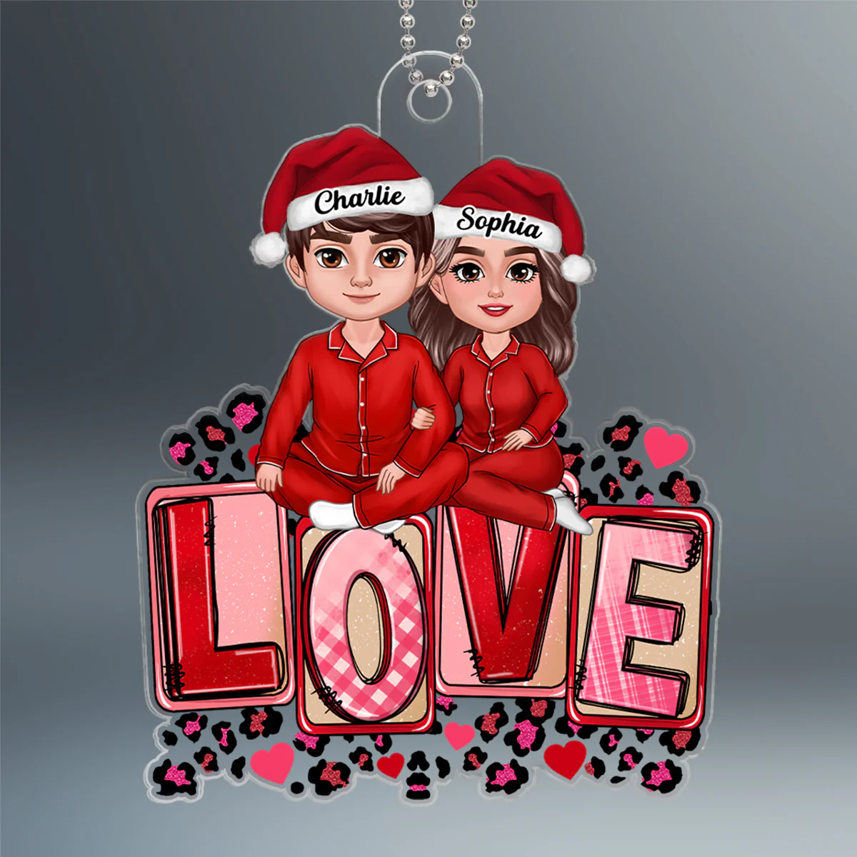 Couple Sitting On Love Pink Leopard Personalized Acrylic Ornament - Image 2