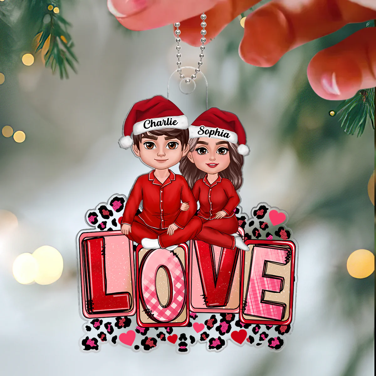 Couple Sitting On Love Pink Leopard Personalized Acrylic Ornament - Image 3