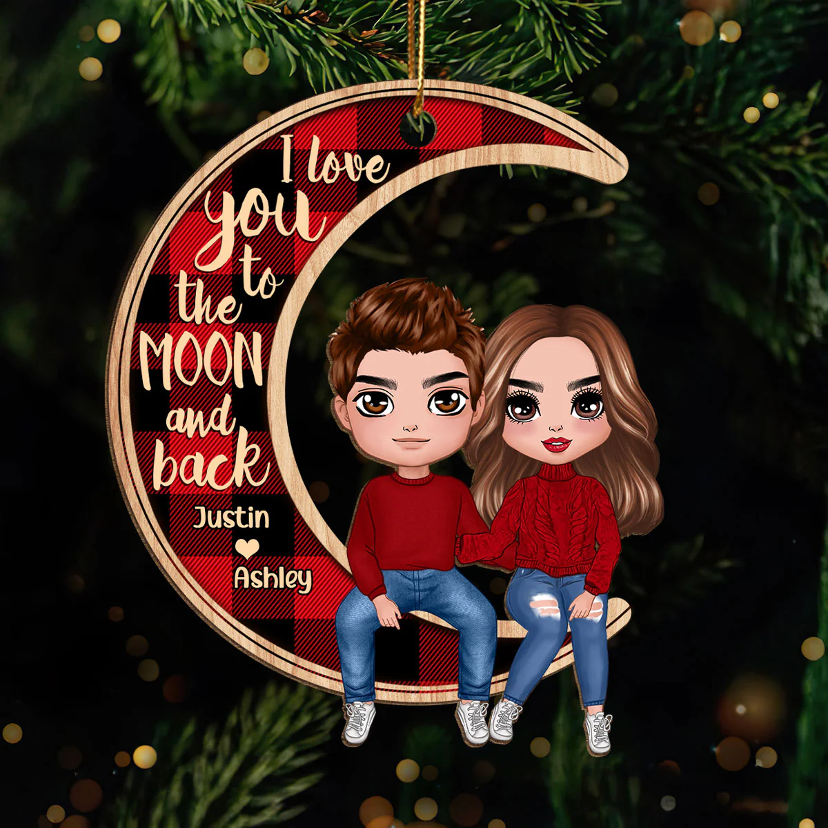 Couple Sitting On Moon Christmas Personalized Wooden Ornament