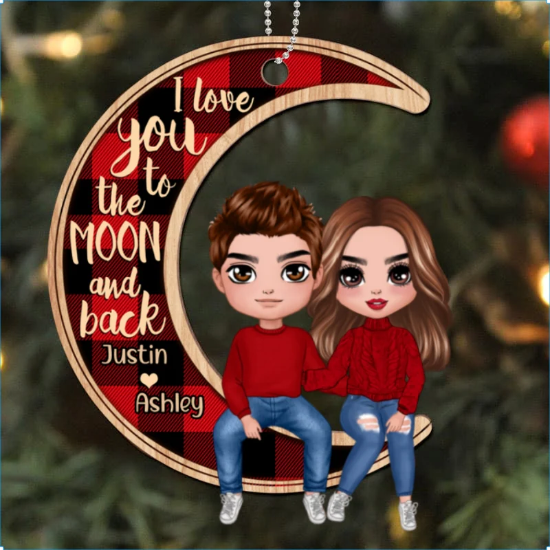 Couple Sitting On Moon Christmas Personalized Wooden Ornament - Image 7