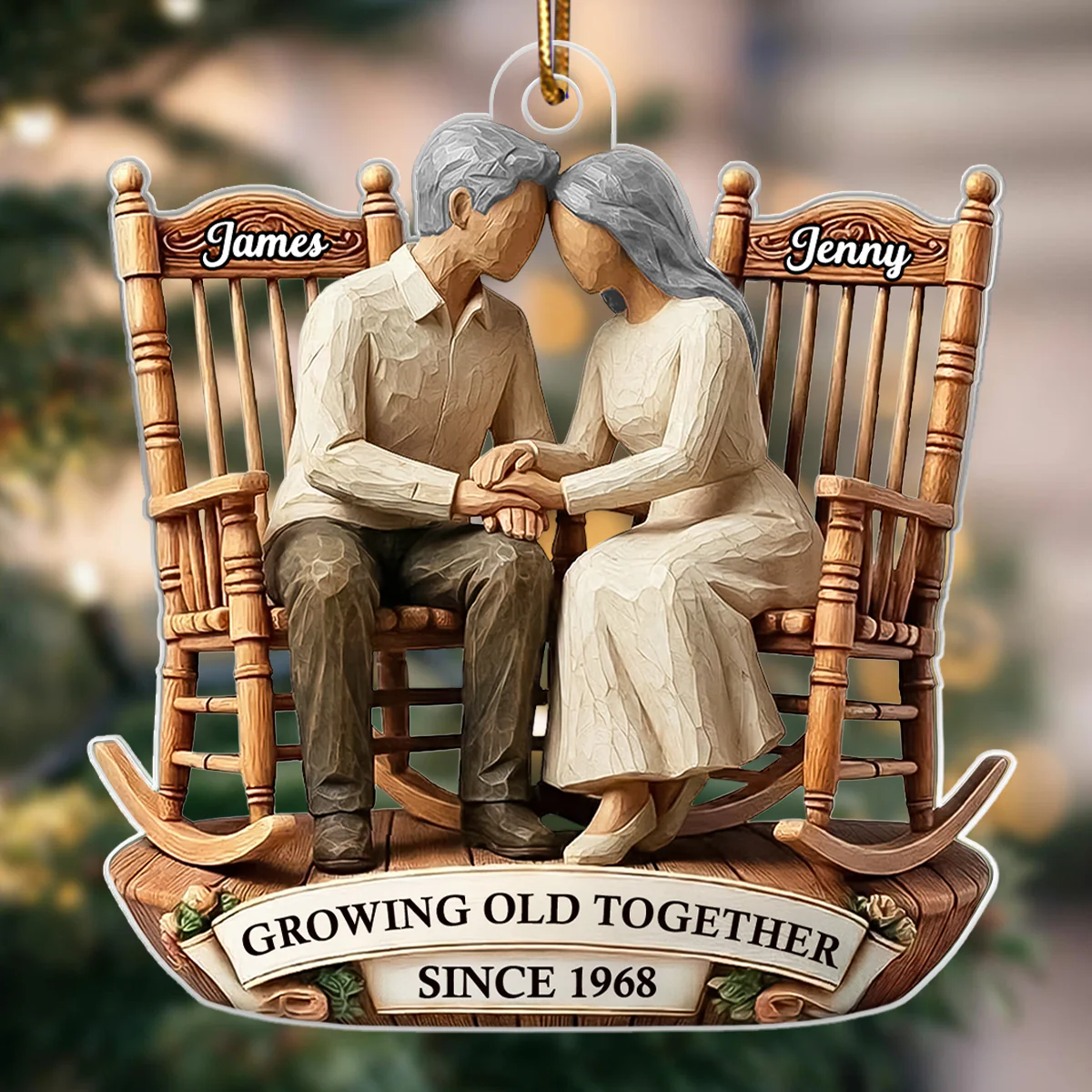 Couple Sitting On Rocking Chairs Faux Wood - Personalized Acrylic Ornament - Heartwarming Christmas Gift For Him, For Her, For Couple - Image 3