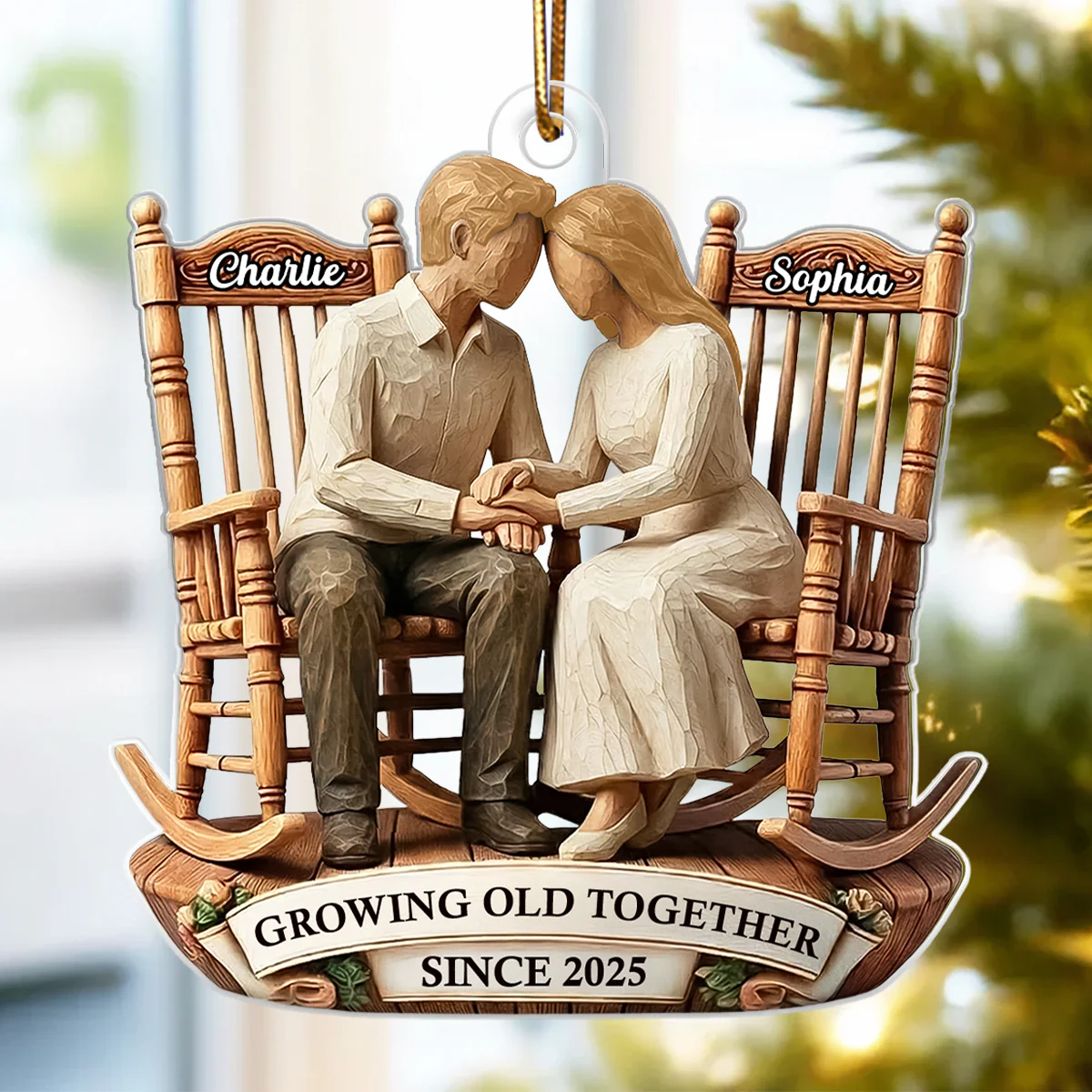 Couple Sitting On Rocking Chairs Faux Wood - Personalized Acrylic Ornament - Heartwarming Christmas Gift For Him, For Her, For Couple - Image 4