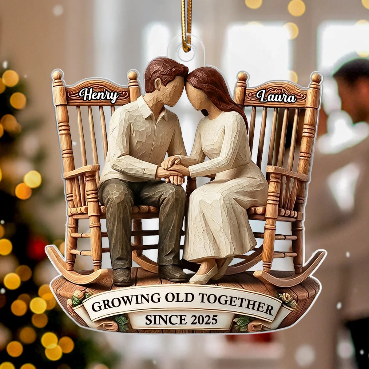 Couple Sitting On Rocking Chairs Faux Wood - Personalized Acrylic Ornament - Heartwarming Christmas Gift For Him, For Her, For Couple - Image 5
