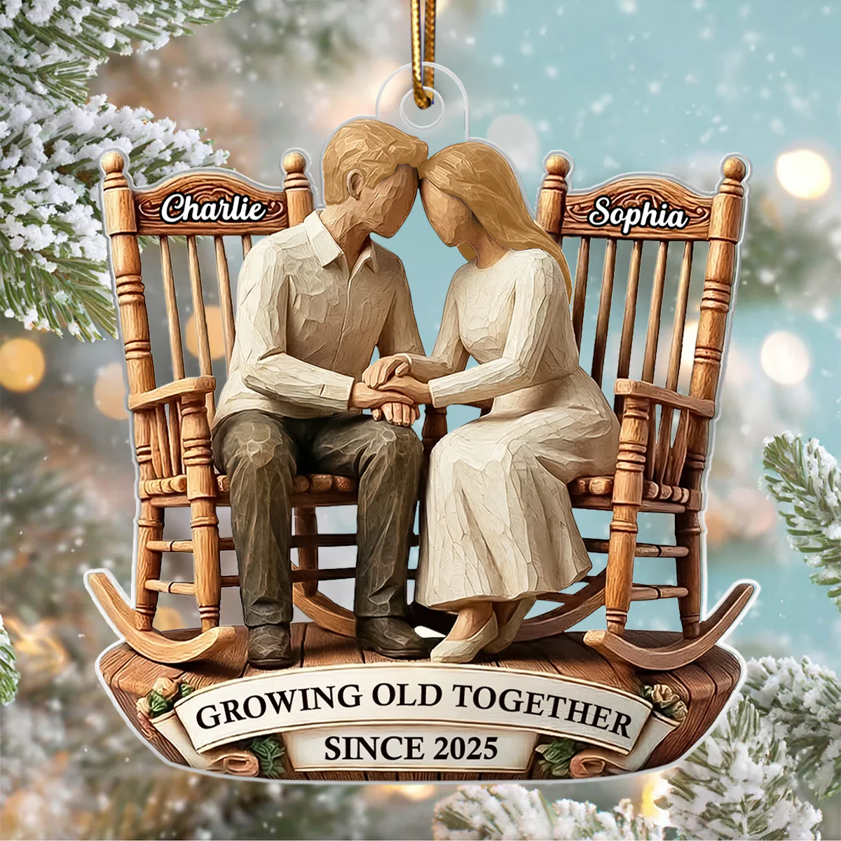 Couple Sitting On Rocking Chairs Faux Wood - Personalized Acrylic Ornament - Heartwarming Christmas Gift For Him, For Her, For Couple - Image 6