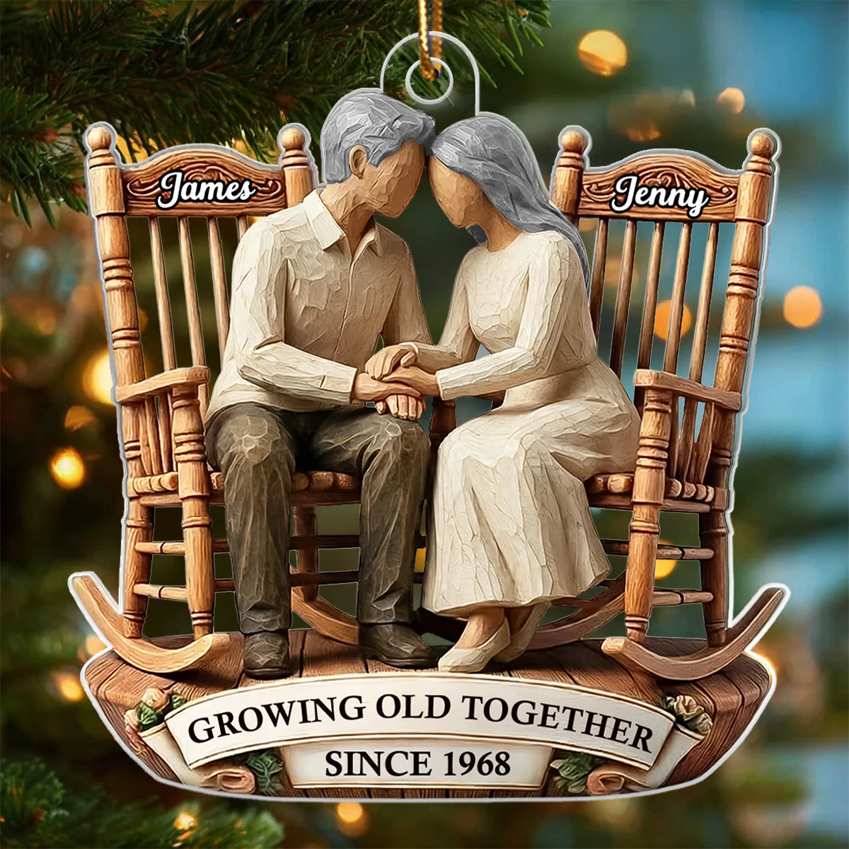 Couple Sitting On Rocking Chairs Faux Wood - Personalized Acrylic Ornament - Heartwarming Christmas Gift For Him, For Her, For Couple - Image 7