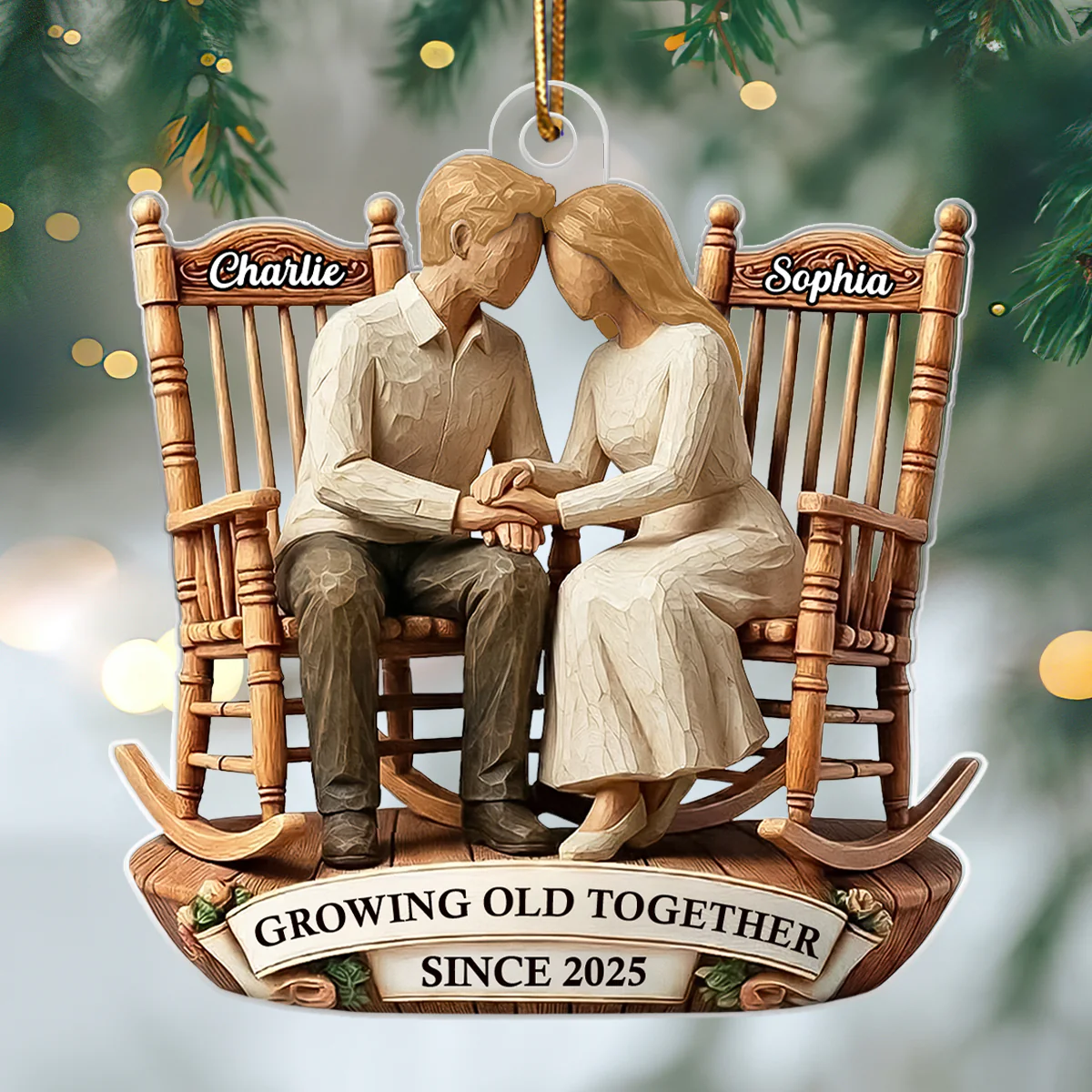 Couple Sitting On Rocking Chairs Faux Wood - Personalized Acrylic Ornament - Heartwarming Christmas Gift For Him, For Her, For Couple - Image 8