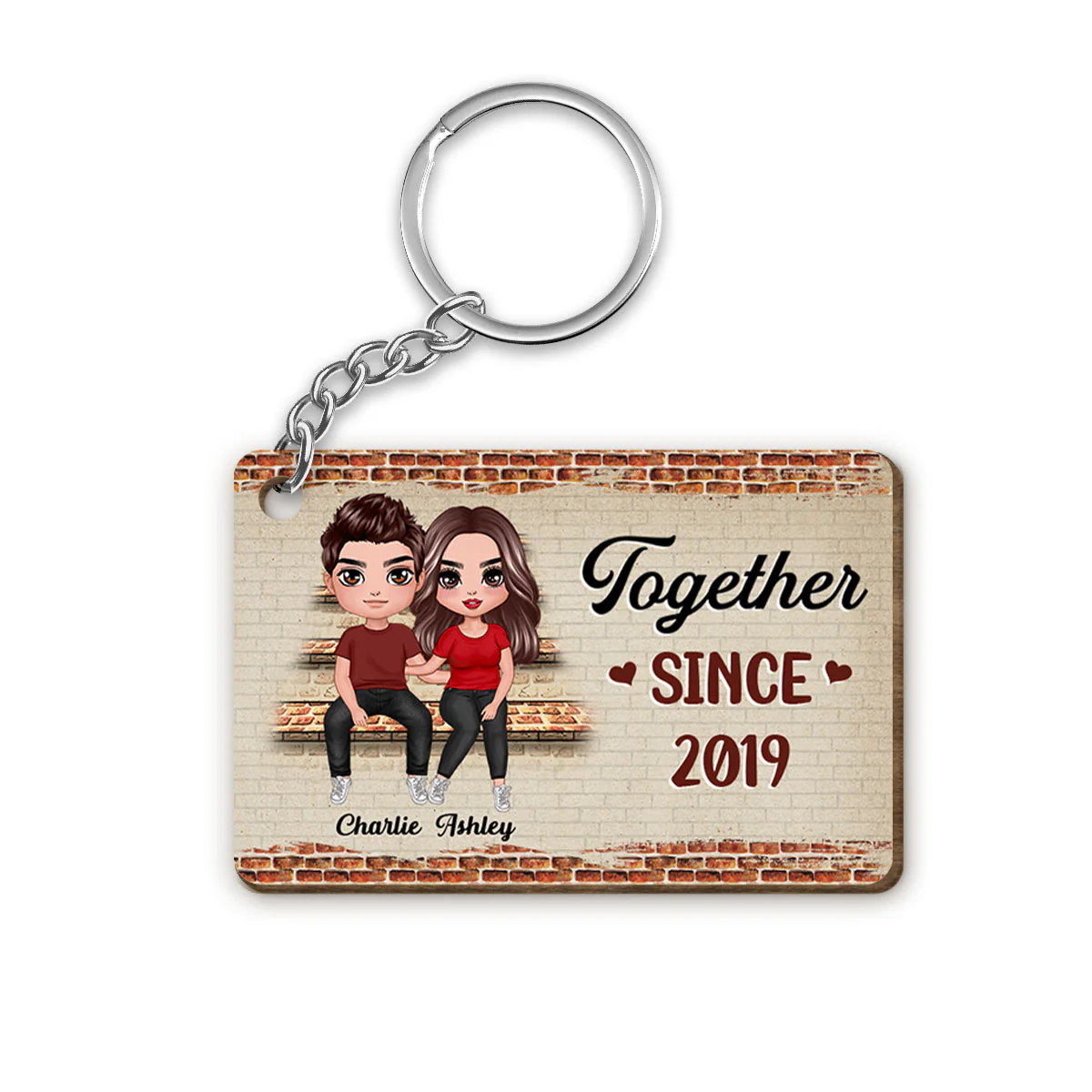 Couple Sitting On Stairs Personalized Wooden Keychain