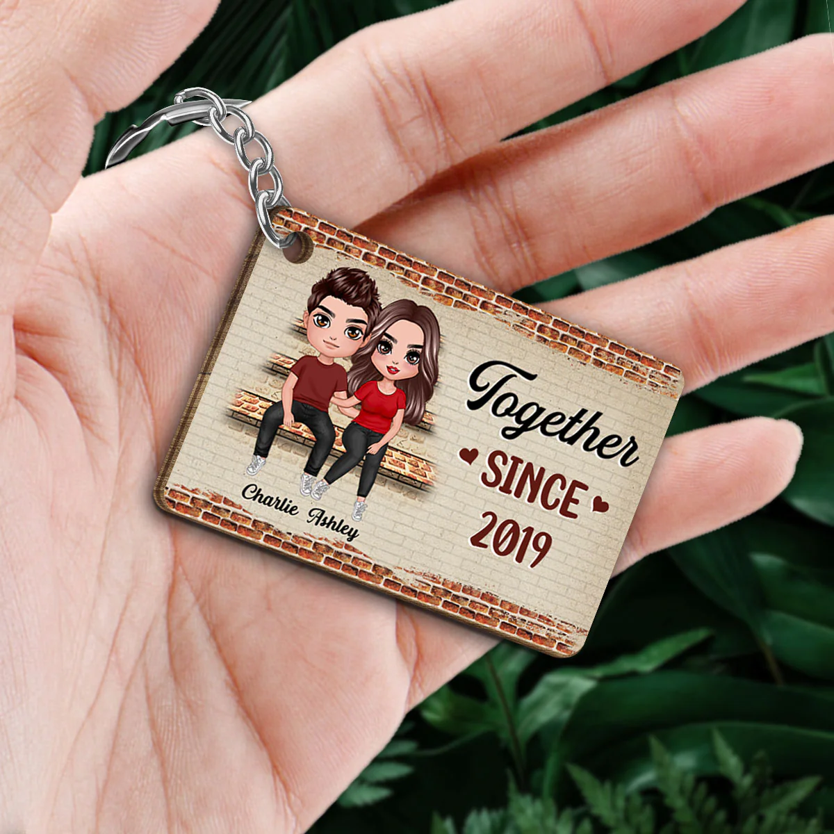 Couple Sitting On Stairs Personalized Wooden Keychain - Image 2