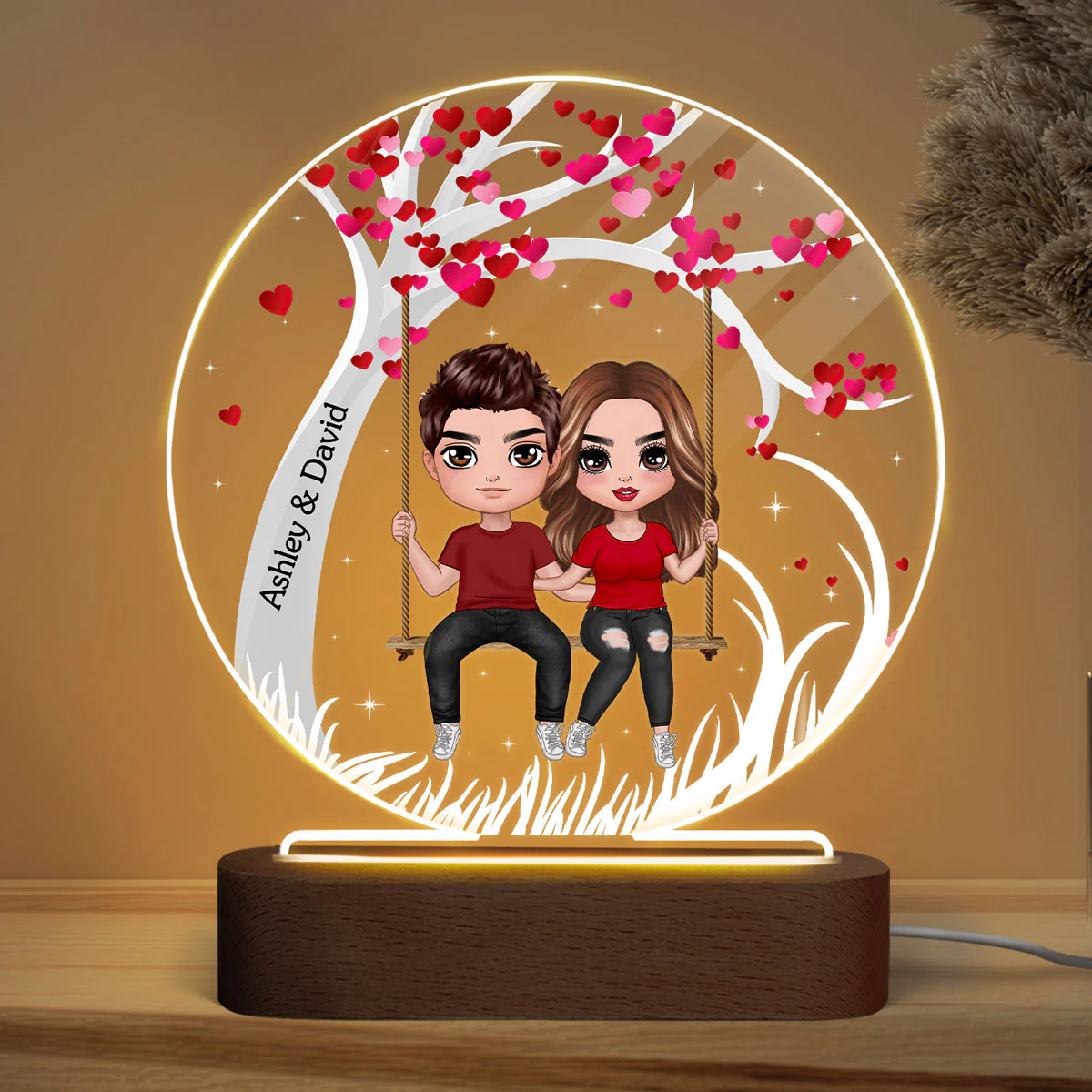 Couple Sitting On Swing Personalized Acrylic Circle LED Lamp Night Light - Image 3