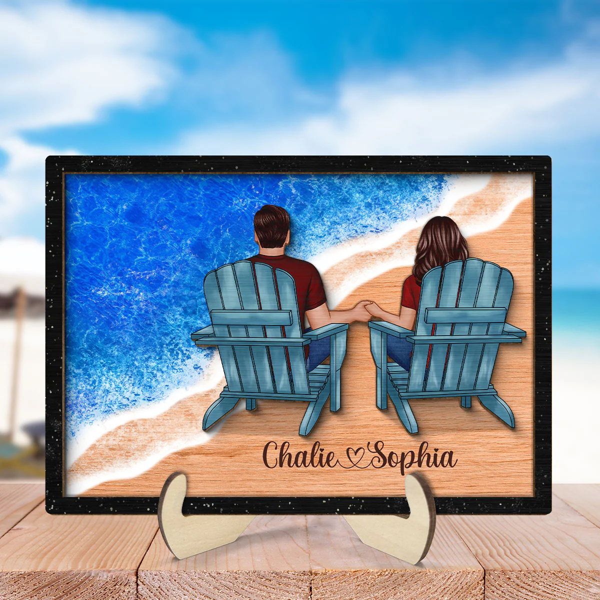 Couple Sitting On The Seaside Personalized 2-Layer Wooden Plaque - Image 8