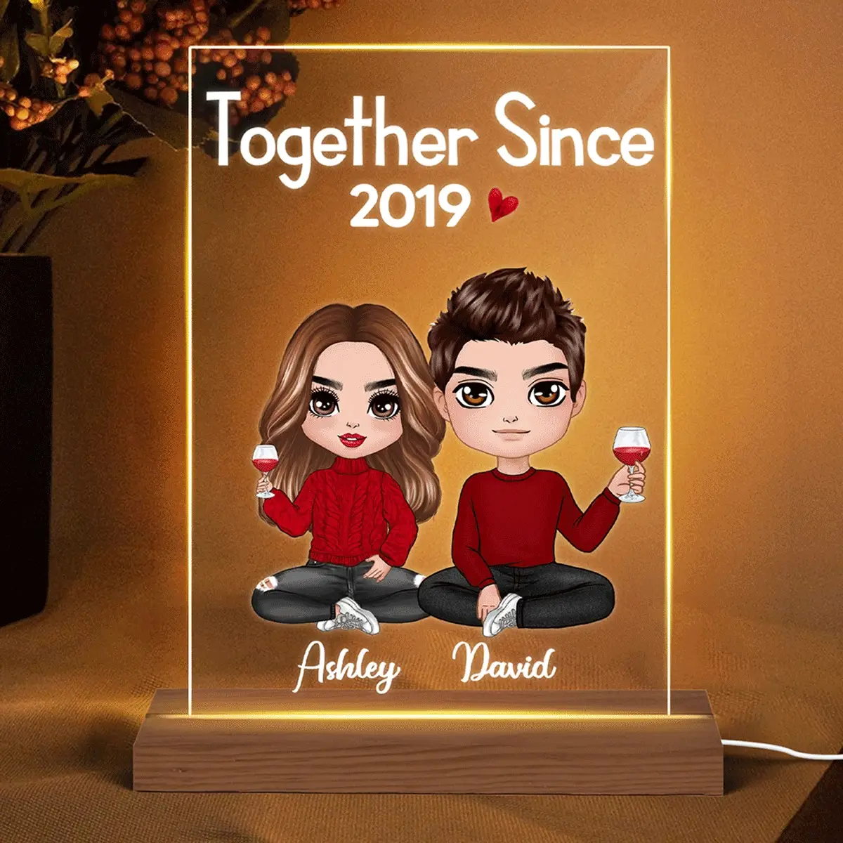 Couple Sitting - Personalized Acrylic Block Plaque LED Night Light - Anniversary Gift For Him, Gift For Her