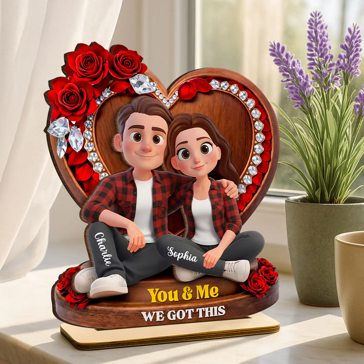 Couple Sitting Rose Heart - Personalized 2-Layered Wooden Plaque - Heartfelt Valentine's Day Gift for Her, for Him - Image 5