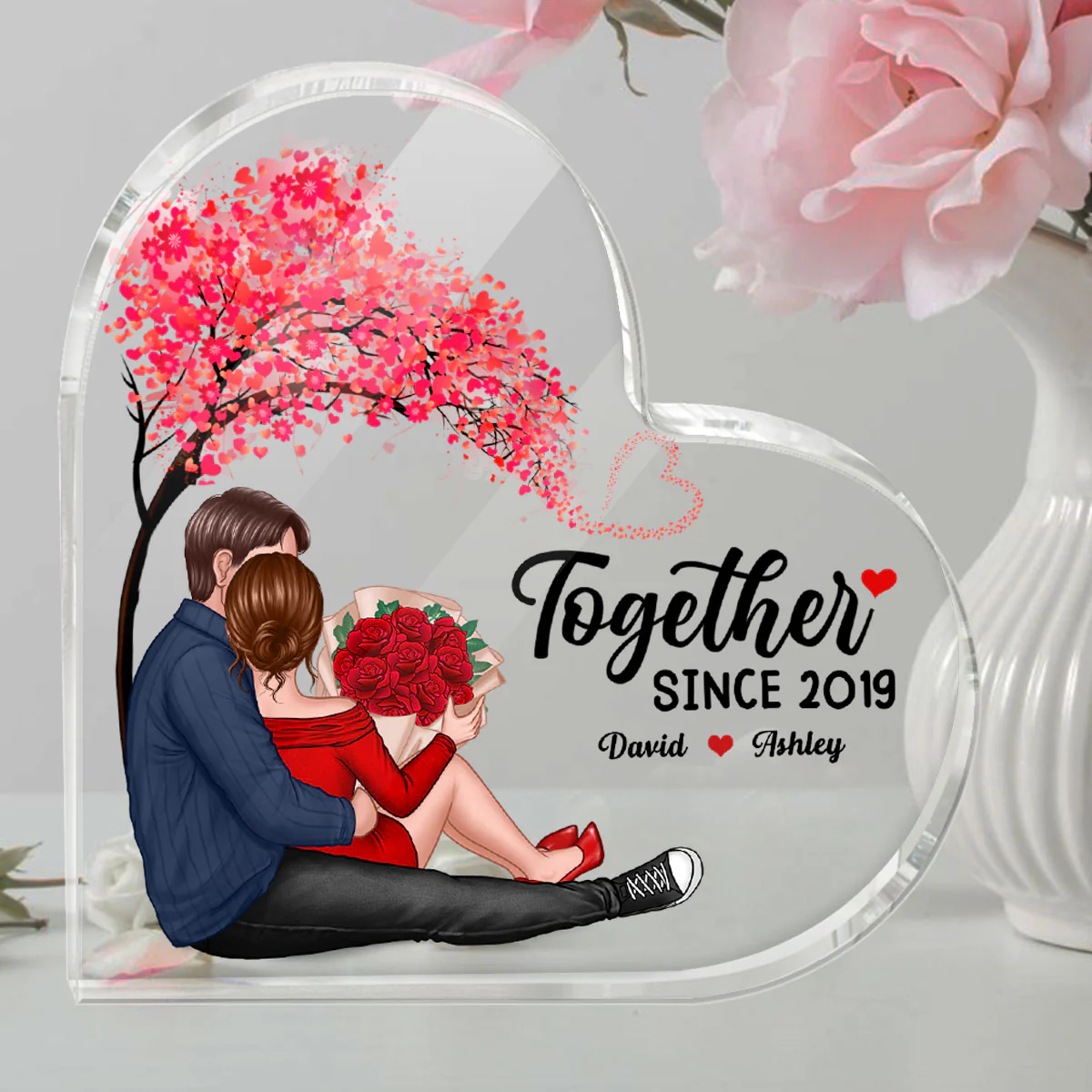 Couple Sitting Together Since Under Heart Tree Personalized Acrylic Heart Plaque - Valentine‘s Day Gift, Anniversary Gift For Her - Gift For Him - Image 2