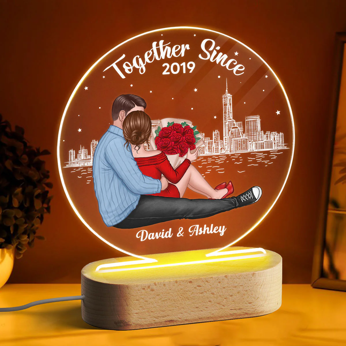 Couple Sitting Together Under Stars Personalized Circle Acrylic Plaque With LED Night Light - Valentine‘s Day Gift, Anniversary Gift For Her - Gift For Him - Image 3