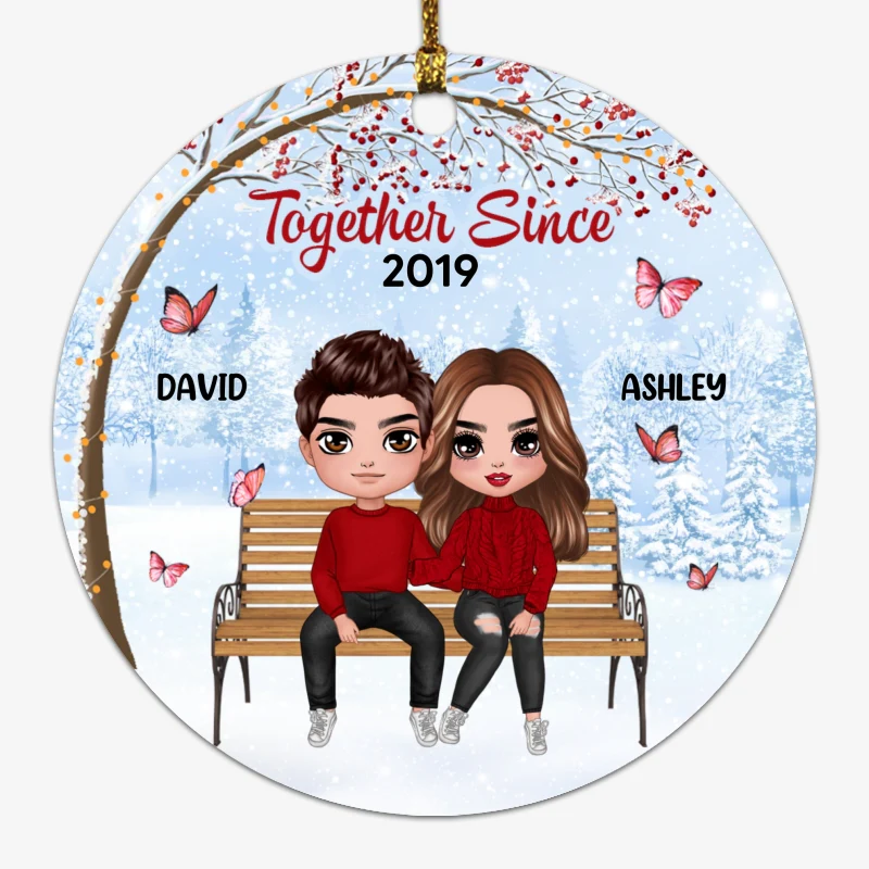 Couple Sitting Under Berry Tree Christmas Personalized Circle Ornament - Image 2