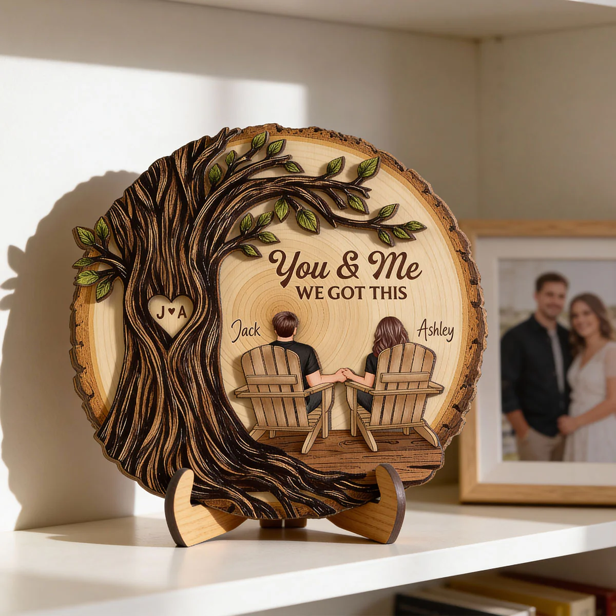 Couple Sitting Under Heart Carved Tree - Personalized 2-Layered Wooden Plaque - Valentine's Day Gift For Couple - Image 11