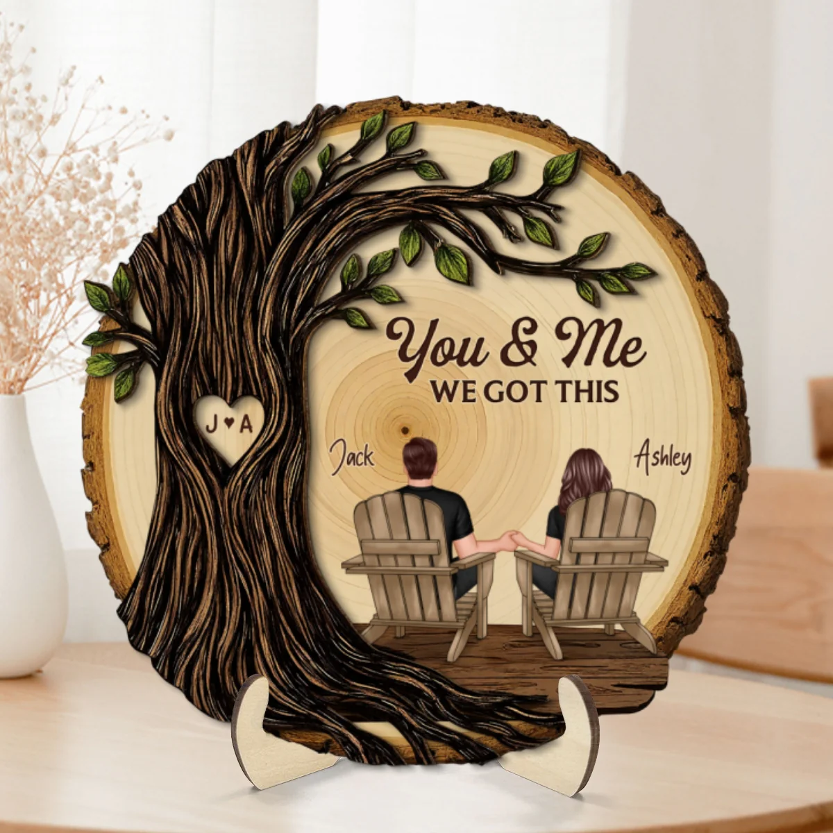 Couple Sitting Under Heart Carved Tree - Personalized 2-Layered Wooden Plaque - Valentine's Day Gift For Couple - Image 12