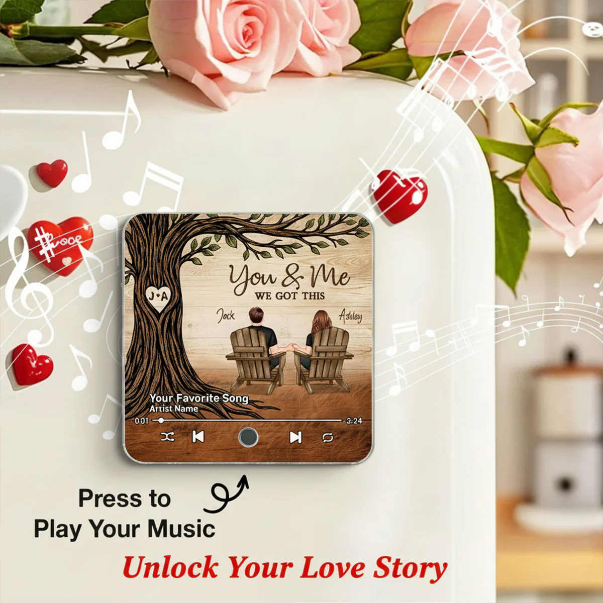 Couple Sitting Under Heart Carved Tree - Personalized Music Fridge Magnet - Valentine's Day Gift For Couple - Image 15