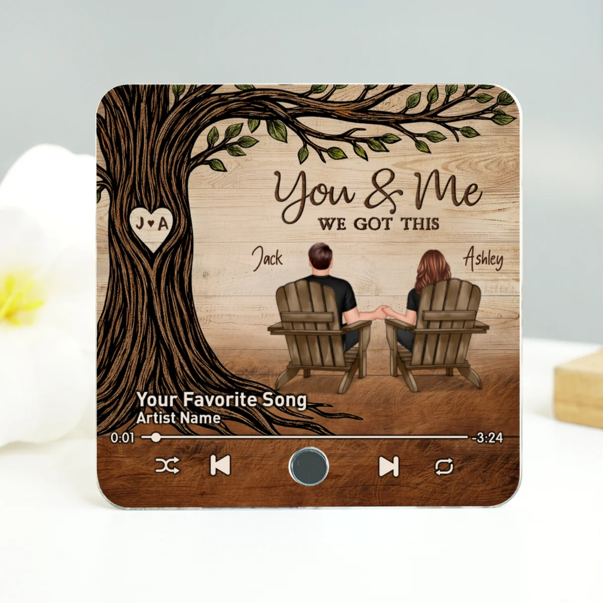Couple Sitting Under Heart Carved Tree - Personalized Music Fridge Magnet - Valentine's Day Gift For Couple - Image 17
