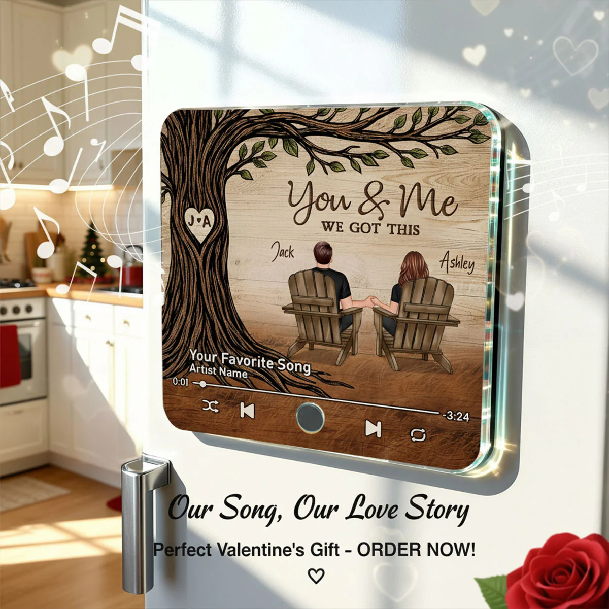 Couple Sitting Under Heart Carved Tree - Personalized Music Fridge Magnet - Valentine's Day Gift For Couple - Image 3