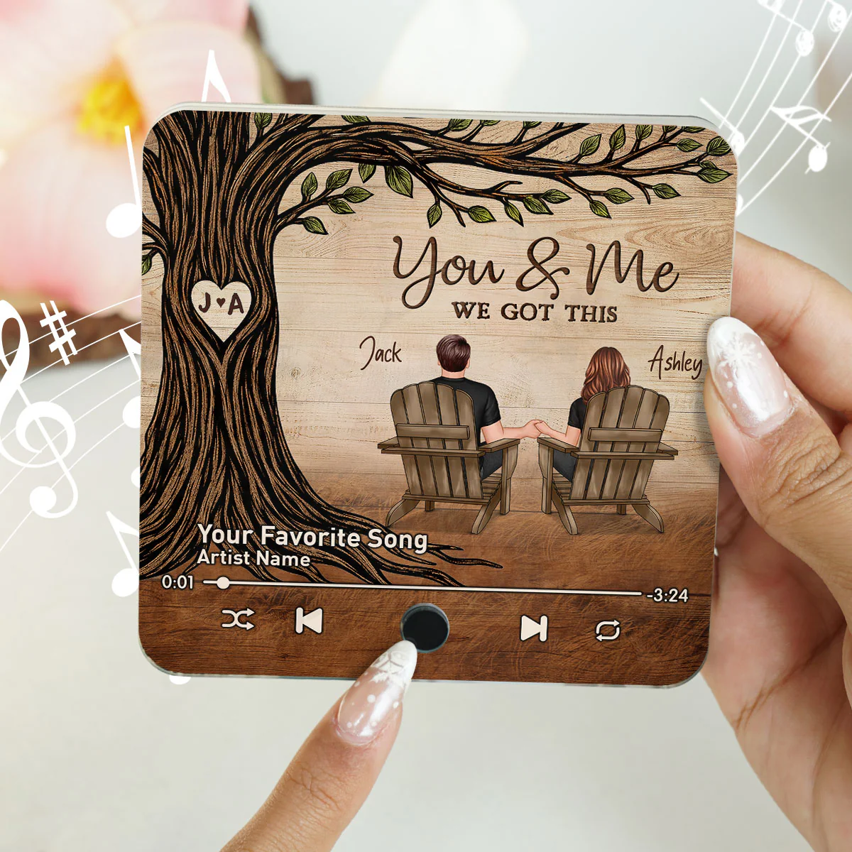 Couple Sitting Under Heart Carved Tree - Personalized Music Fridge Magnet - Valentine's Day Gift For Couple - Image 4