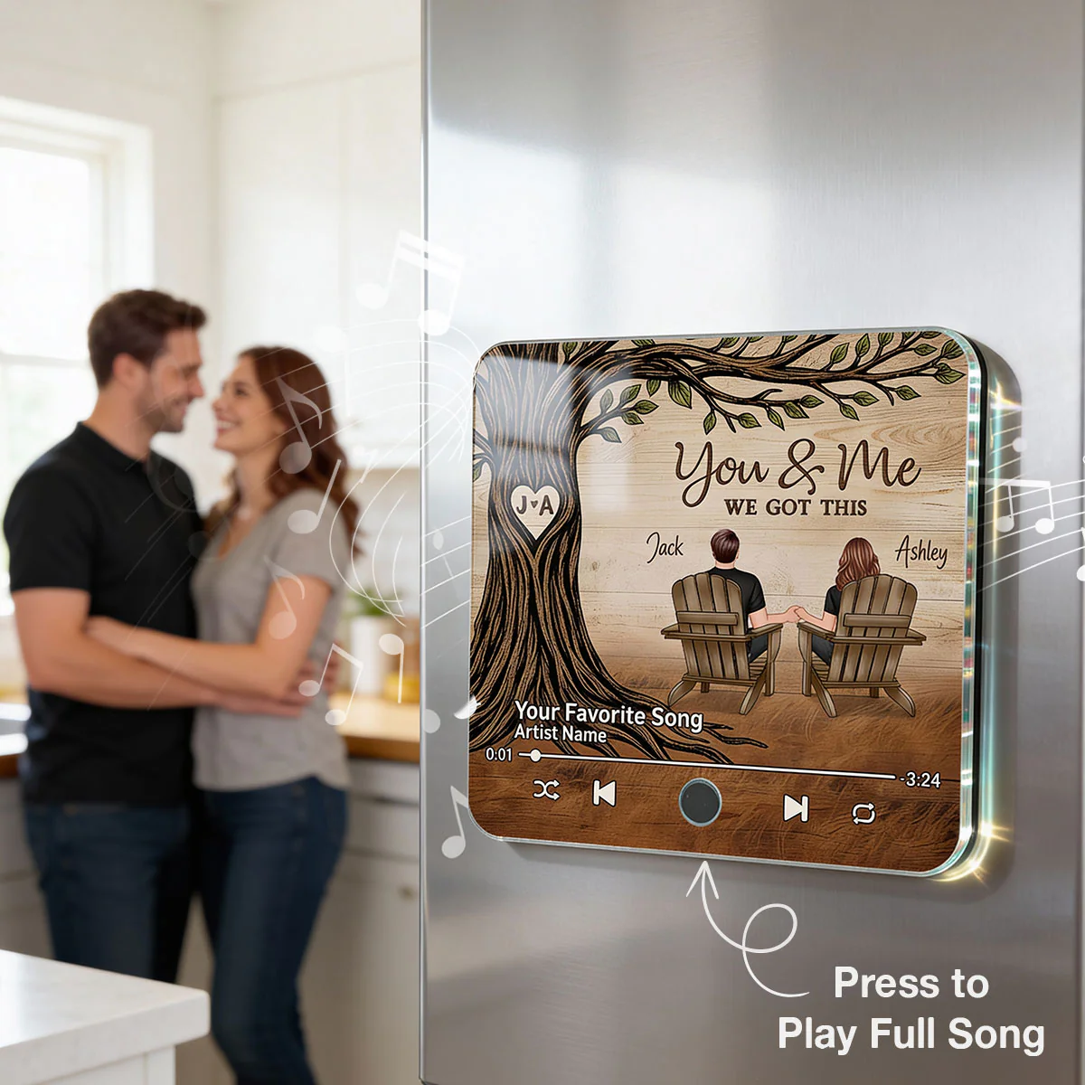 Couple Sitting Under Heart Carved Tree - Personalized Music Fridge Magnet - Valentine's Day Gift For Couple - Image 7