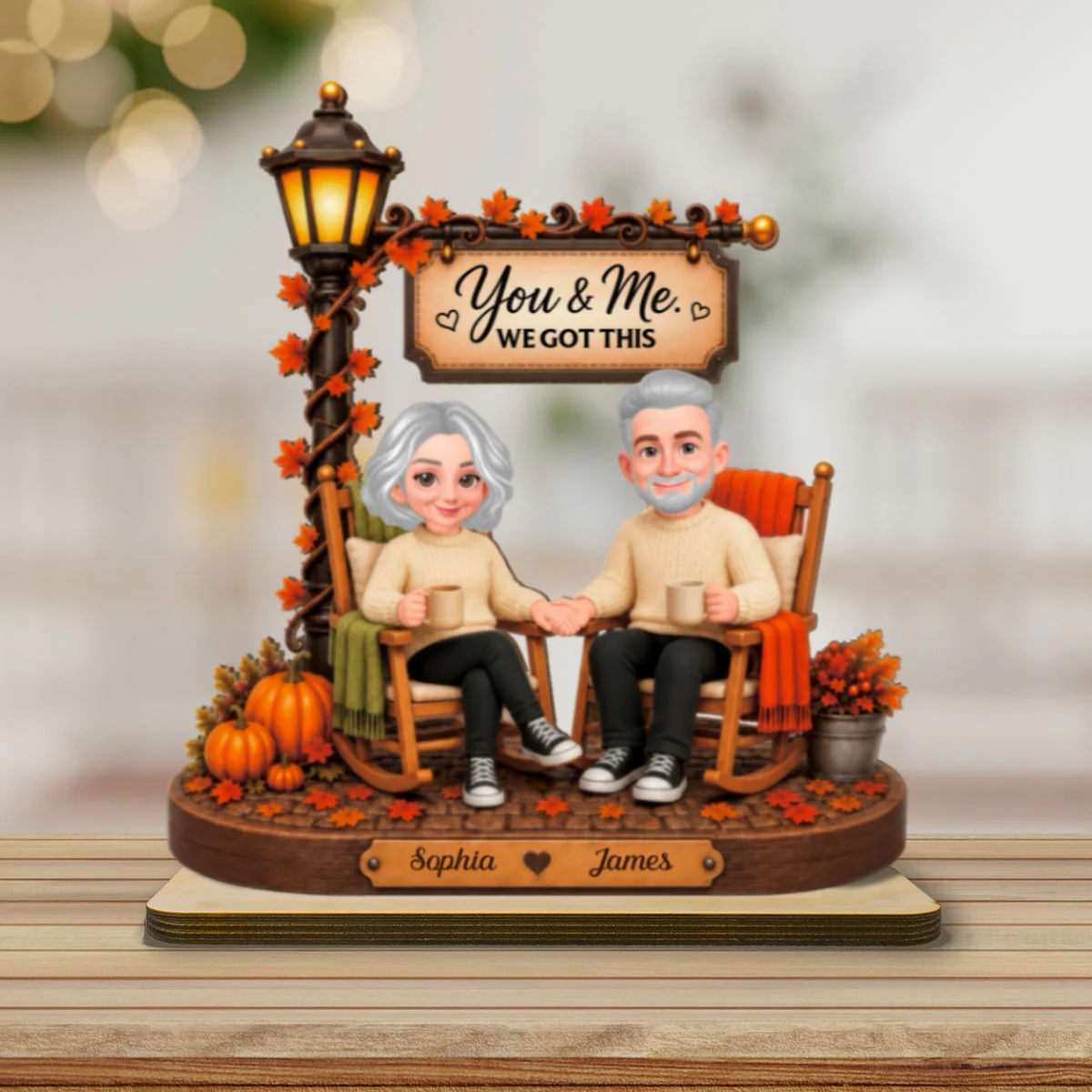 Couple Sitting Under Lamp Post 2D Flat - Personalized Wooden Plaque - Fall Season Decoration - Image 10