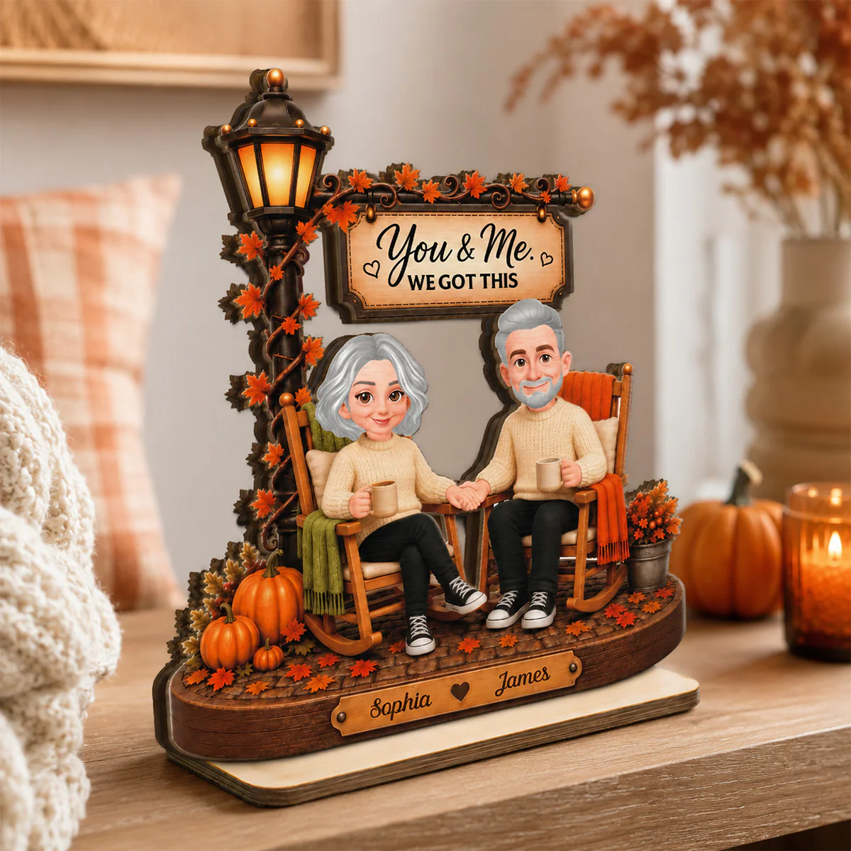 Couple Sitting Under Lamp Post 2D Flat - Personalized Wooden Plaque - Fall Season Decoration - Image 2