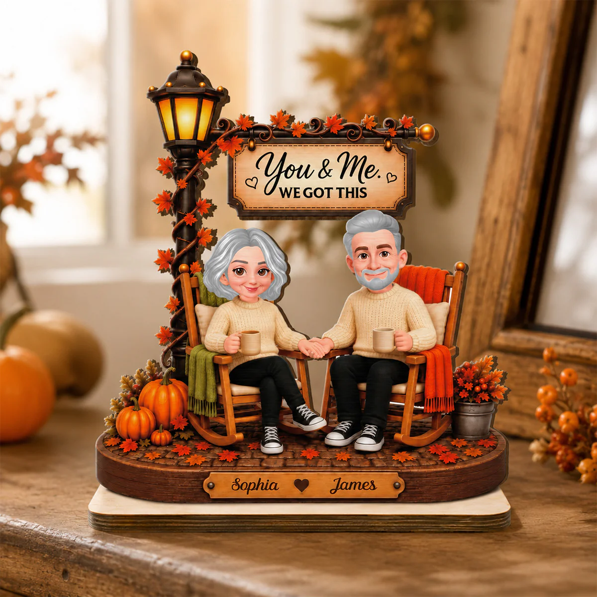 Couple Sitting Under Lamp Post 2D Flat - Personalized Wooden Plaque - Fall Season Decoration - Image 3