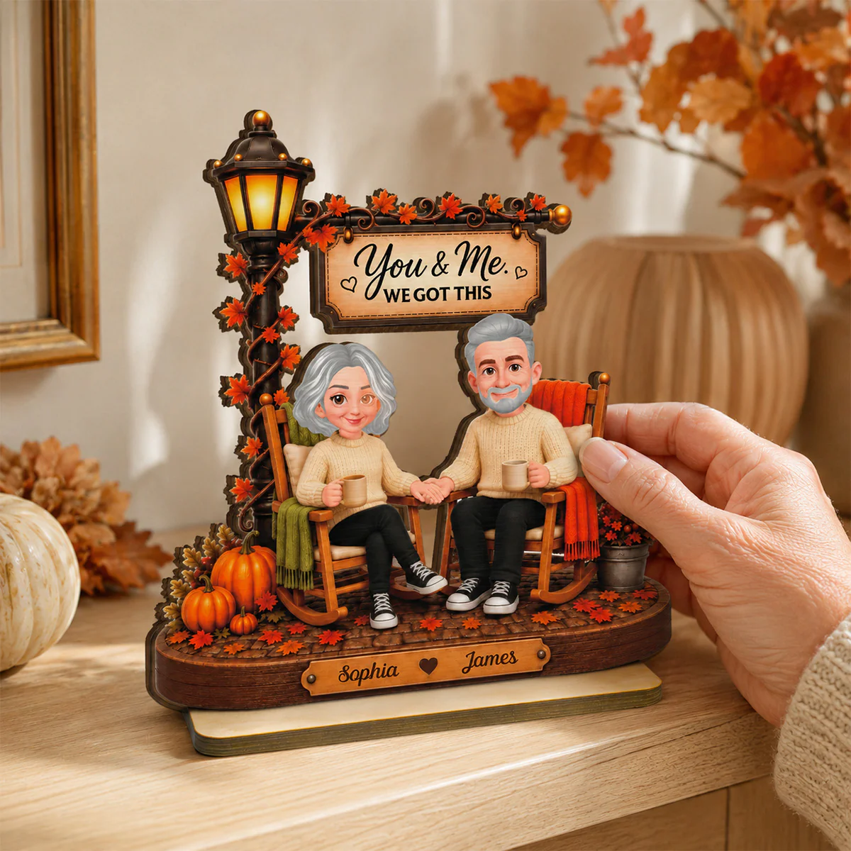 Couple Sitting Under Lamp Post 2D Flat - Personalized Wooden Plaque - Fall Season Decoration - Image 6