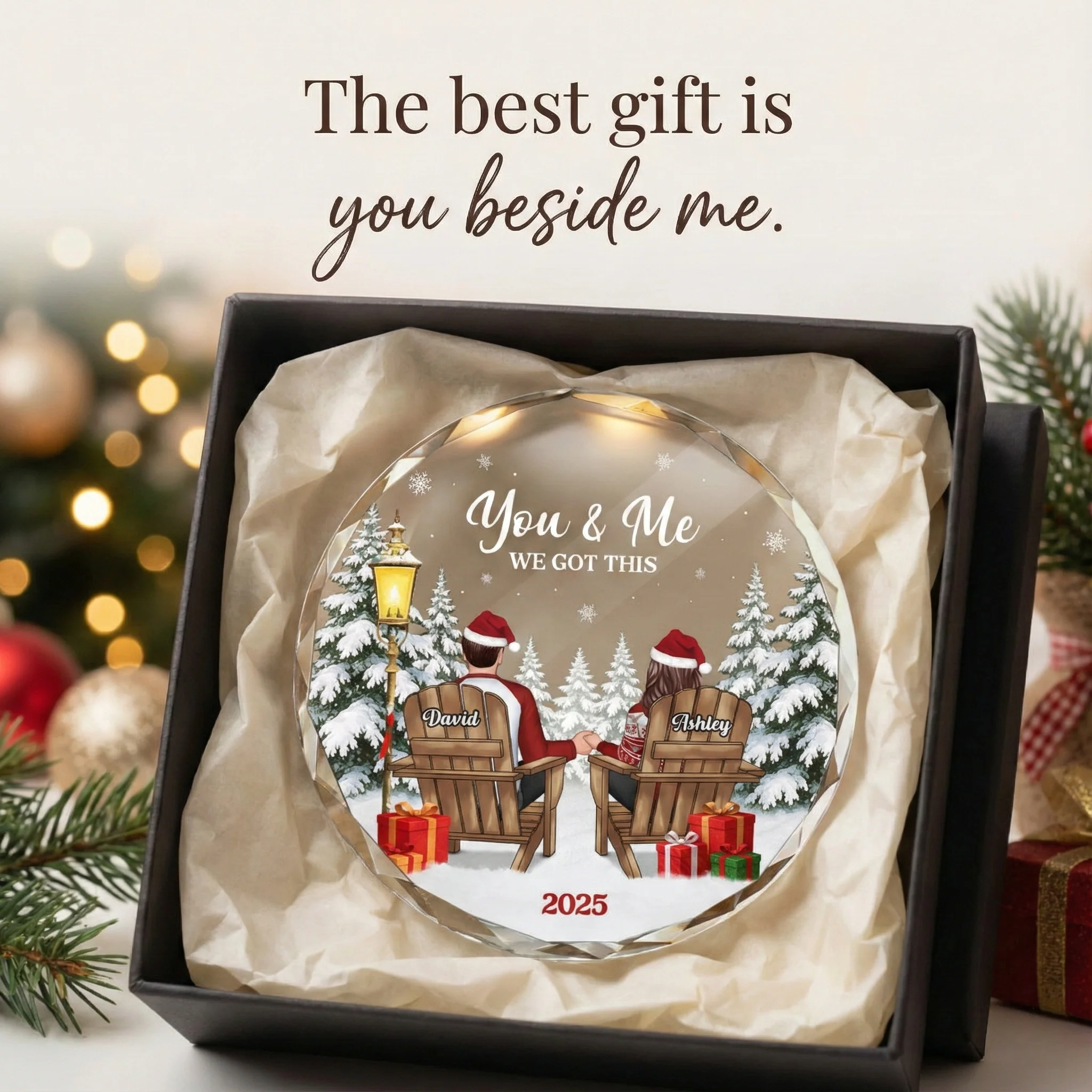 Couple Sitting Winter Landscape - Personalized Glass Ornament - Christmas Gift For Him, For Her, Anniversary Gift - Image 4