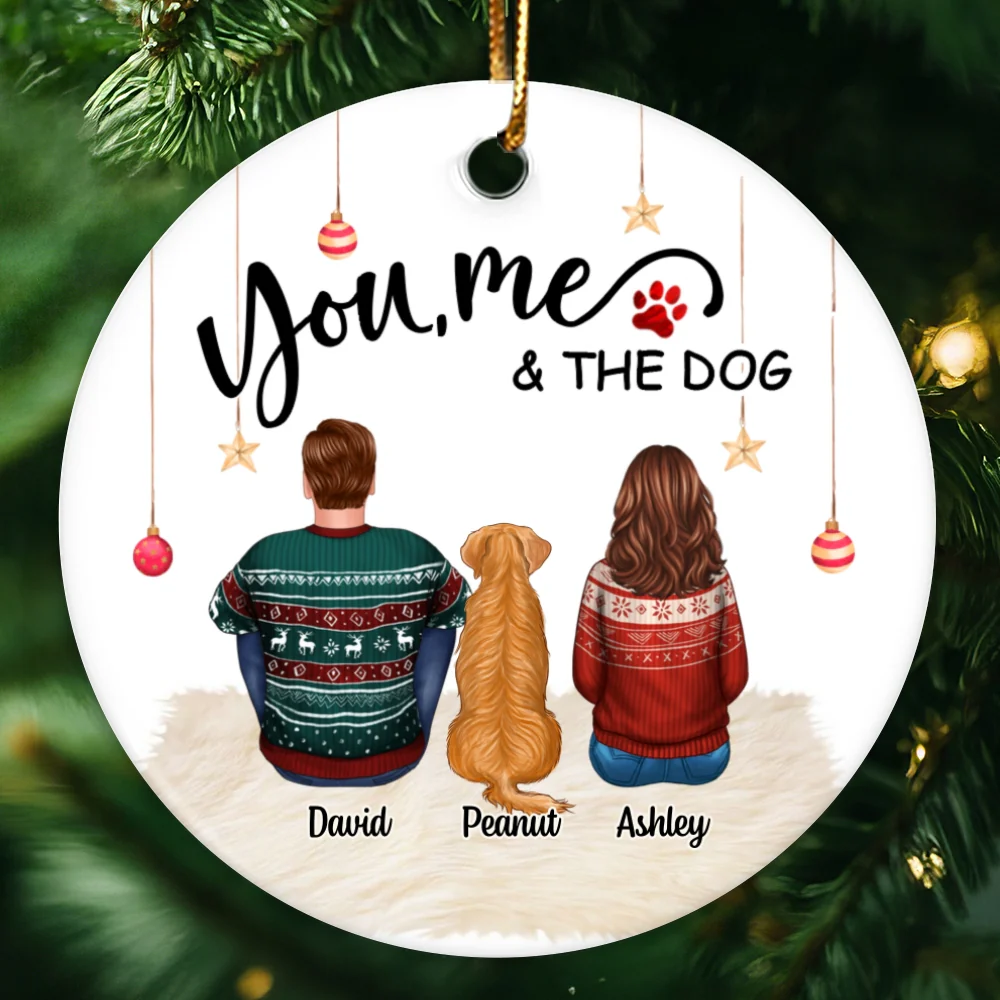Couple Sitting With Dogs Christmas Personalized Circle Ornament - Image 4