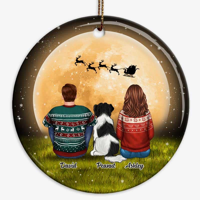 Couple Sitting With Dogs In Moonlight Personalized Circle Ornament