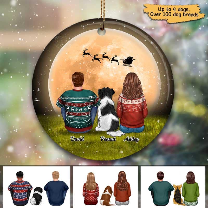 Couple Sitting With Dogs In Moonlight Personalized Circle Ornament - Image 2