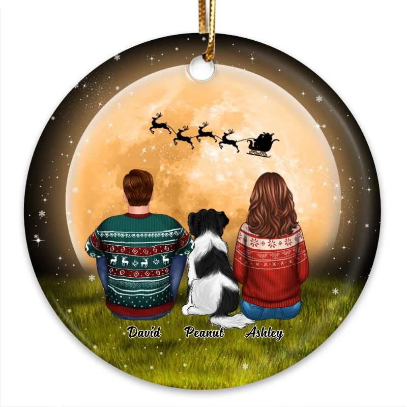 Couple Sitting With Dogs In Moonlight Personalized Circle Ornament - Image 3