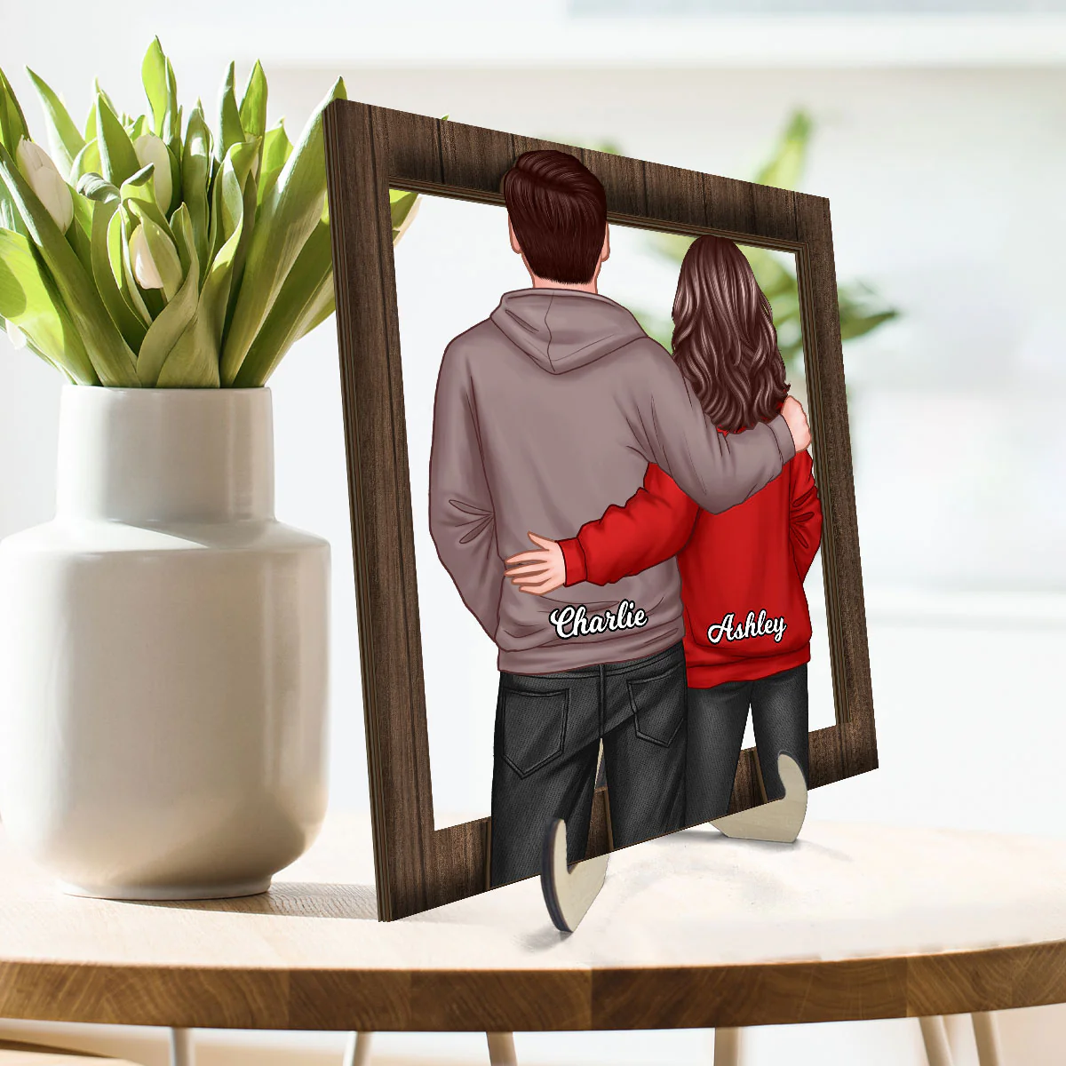 Couple Standing Back View Frame Personalized 2-layer Wooden Plaque - Image 3