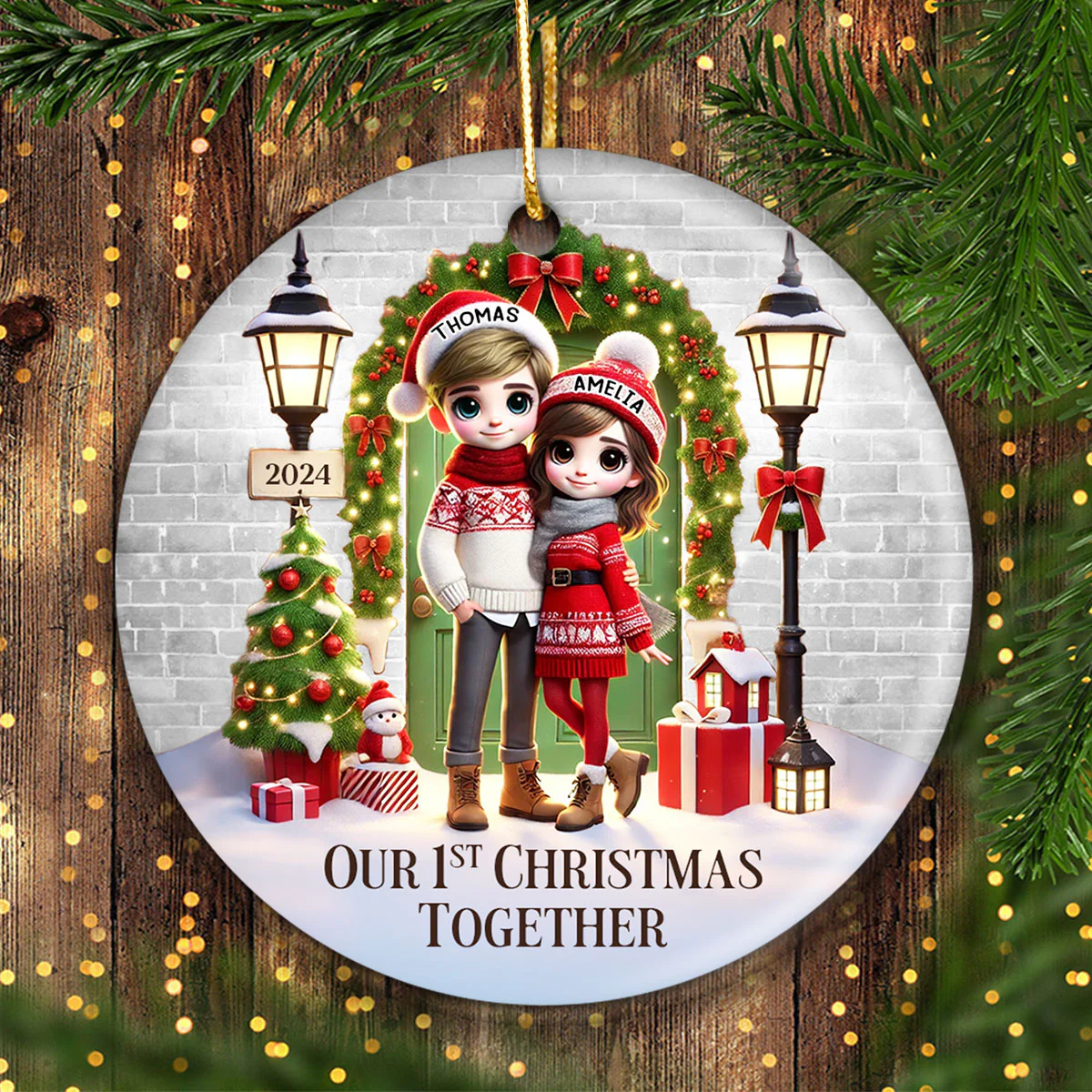 Couple Standing In Front of Door Personalized Ceramic Ornament, Christmas Gift for Him, Gift for Her