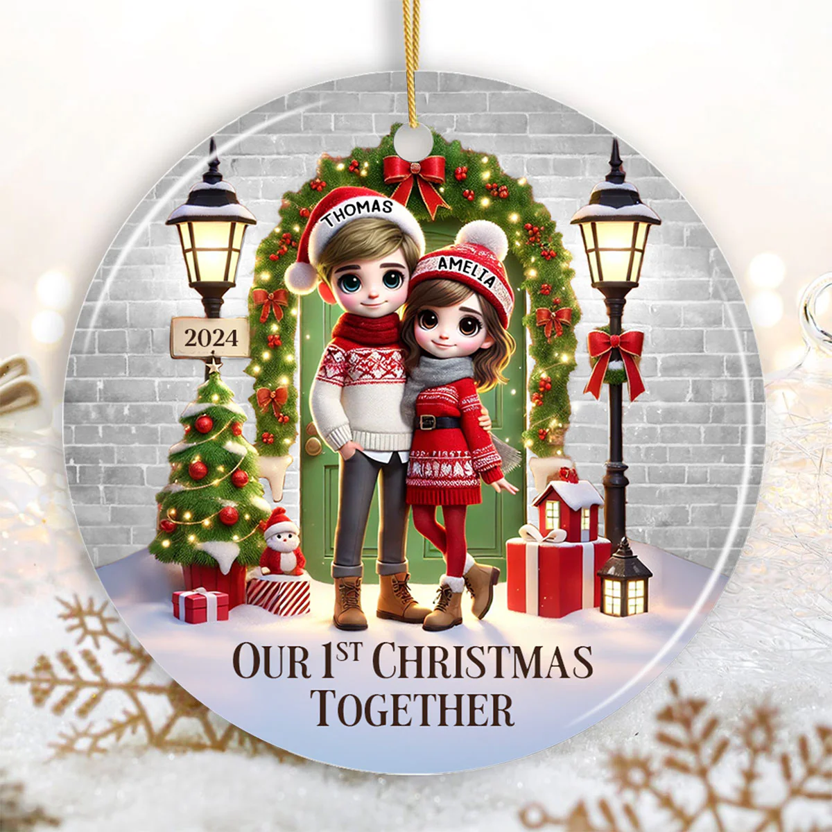 Couple Standing In Front of Door Personalized Ceramic Ornament, Christmas Gift for Him, Gift for Her - Image 2