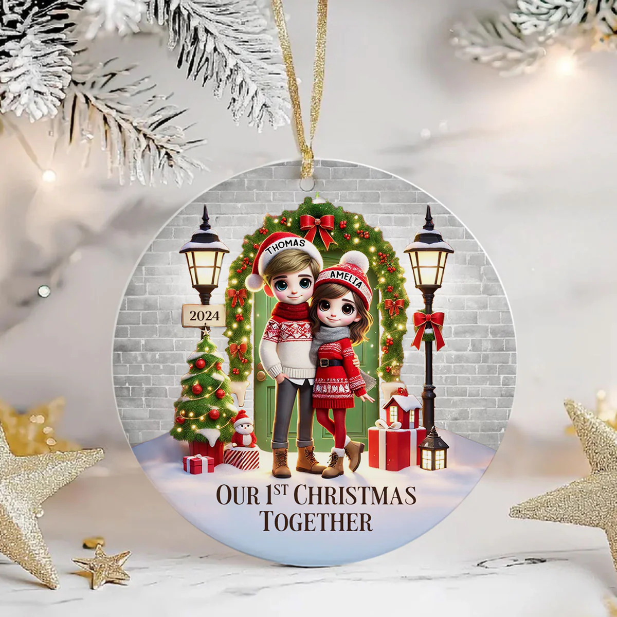 Couple Standing In Front of Door Personalized Ceramic Ornament, Christmas Gift for Him, Gift for Her - Image 3
