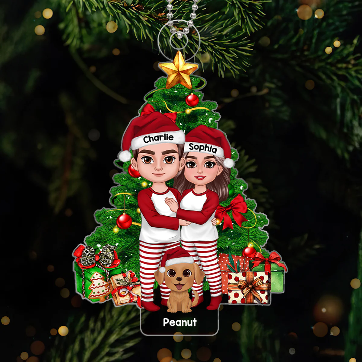 Couple Standing With Dogs Cats Christmas Tree Personalized Acrylic Ornament - Image 6