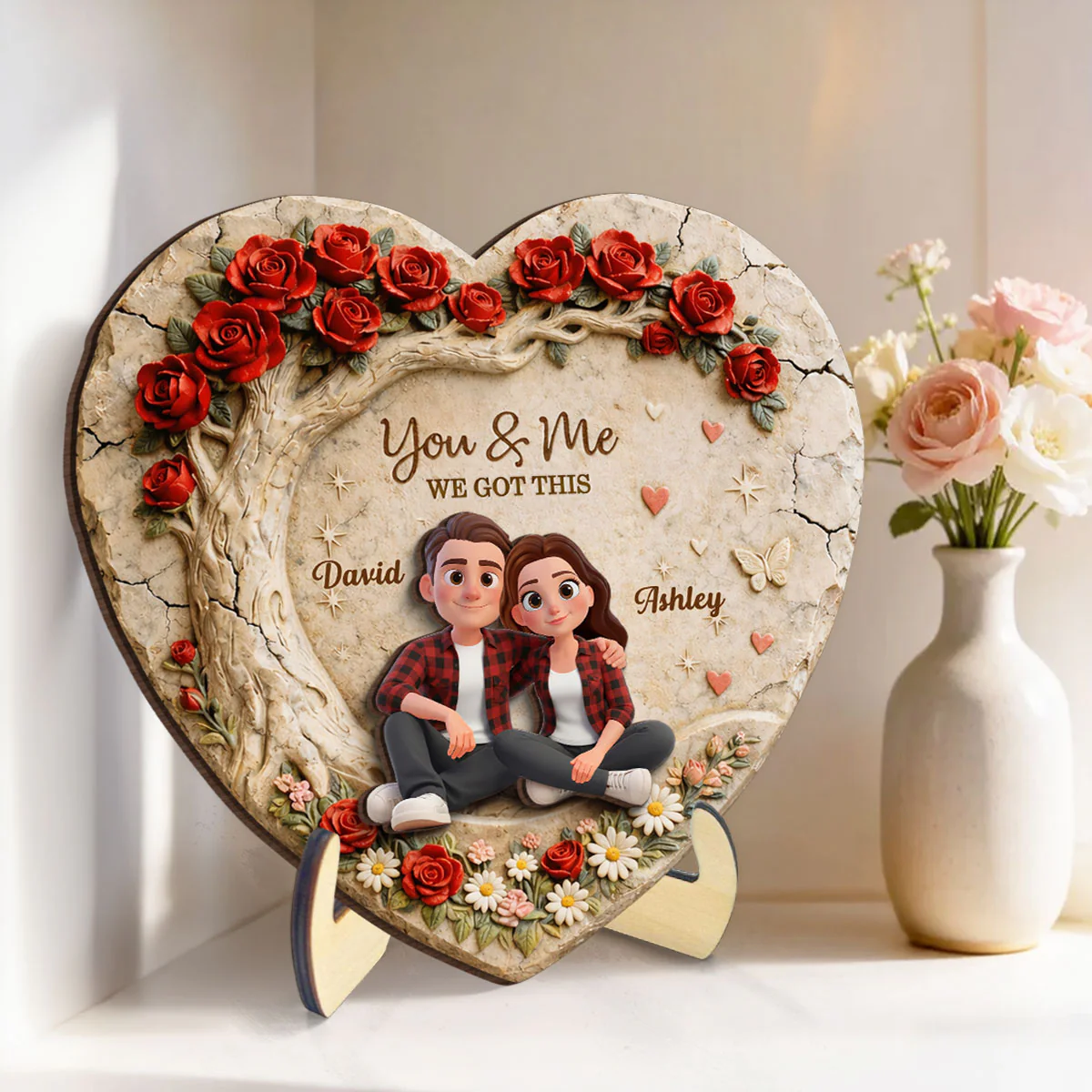 Couple Stone Romantic Heart Rose - Personalized 2-Layered Wooden Plaque - Anniversary, Valentine's Day Gift, Gift For Him, Gift For Her - Image 2