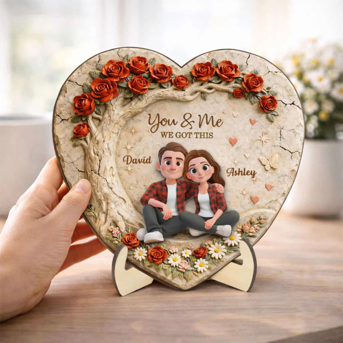 Couple Stone Romantic Heart Rose - Personalized 2-Layered Wooden Plaque - Anniversary, Valentine's Day Gift, Gift For Him, Gift For Her - Image 5