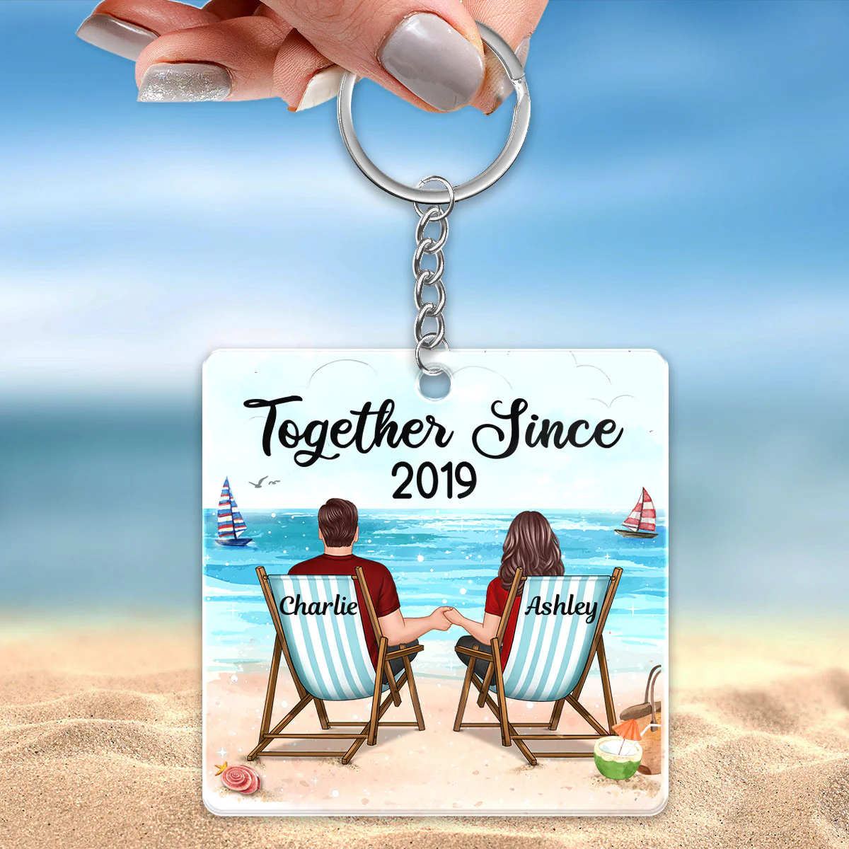 Couple Together Since Summer Beach Personalized Acrylic Keychain - Image 3