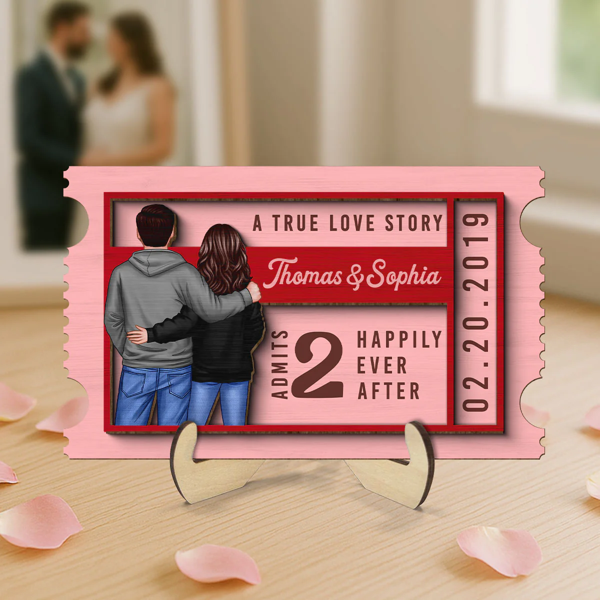 Couple True Love Story Ticket Personalized 2-Layer Wooden Plaque - Image 3