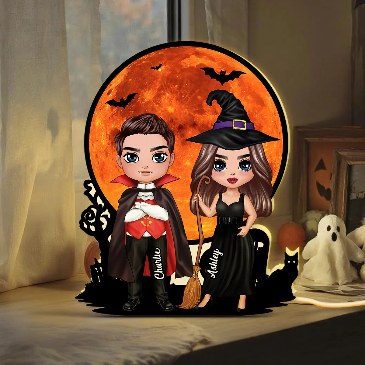 Couple Under Halloween Moon Tabletop Halloween Decor Personalized Light Box