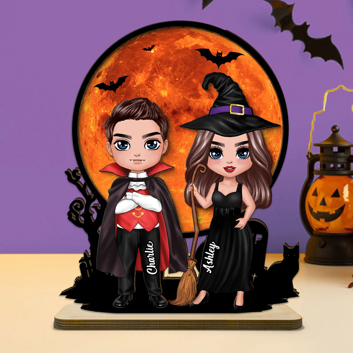Couple Under Halloween Moon Tabletop Tier Tray Decor Personalized 2-Layer Standing Wooden Plaque - Image 2